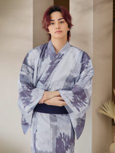 画像15: 【即日発送！】【メンズ浴衣】くすみブルーグレーモザイク柄浴衣【浴衣・帯・下駄セット】 [YMT] (15)