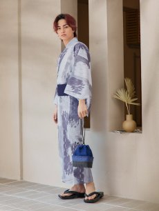 画像3: 【即日発送！】【メンズ浴衣】くすみブルーグレーモザイク柄浴衣【浴衣・帯・下駄セット】 [YMT] (3)