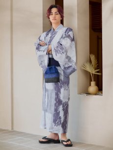 画像4: 【即日発送！】【メンズ浴衣】くすみブルーグレーモザイク柄浴衣【浴衣・帯・下駄セット】 [YMT] (4)