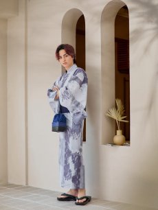 画像5: 【即日発送！】【メンズ浴衣】くすみブルーグレーモザイク柄浴衣【浴衣・帯・下駄セット】 [YMT] (5)