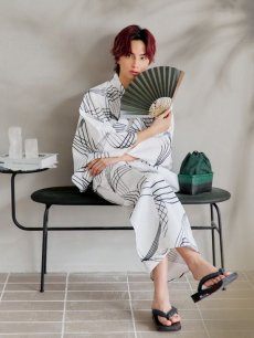 画像10: 【即日発送！】【メンズ浴衣】ホワイト×ブラック線画浴衣【浴衣・帯・下駄セット】 [YMT] (10)