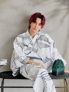 画像12: 【即日発送！】【メンズ浴衣】ホワイト×ブラック線画浴衣【浴衣・帯・下駄セット】 [YMT] (12)