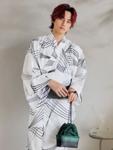 画像3: 【即日発送！】【メンズ浴衣】ホワイト×ブラック線画浴衣【浴衣・帯・下駄セット】 [YMT] (3)