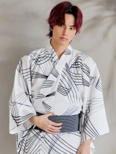画像5: 【即日発送！】【メンズ浴衣】ホワイト×ブラック線画浴衣【浴衣・帯・下駄セット】 [YMT] (5)