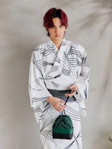 画像8: 【即日発送！】【メンズ浴衣】ホワイト×ブラック線画浴衣【浴衣・帯・下駄セット】 [YMT] (8)