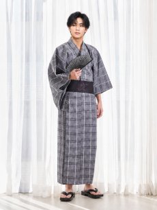 画像1: 【即日発送】【メンズ浴衣】グレー地格子柄【浴衣・帯・下駄セット】[FB03] (1)
