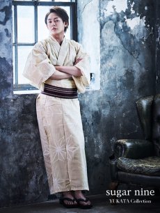 画像1: 【即日発送】【メンズ浴衣】ベージュ麻の葉柄【浴衣・帯・下駄セット】[FB03] (1)