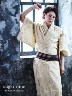 画像3: 【即日発送】【メンズ浴衣】ベージュ麻の葉柄【浴衣・帯・下駄セット】[FB03] (3)