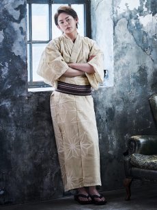 画像5: 【即日発送】【メンズ浴衣】ベージュ麻の葉柄【浴衣・帯・下駄セット】[FB03] (5)