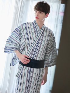 画像1: 【即日発送】【メンズ浴衣】白地にスタイリッシュなストライプ紳士浴衣【浴衣・帯・下駄セット】【YMT】 (1)