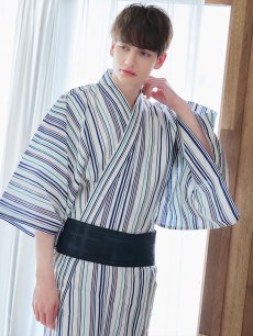 画像3: 【即日発送】【メンズ浴衣】白地にスタイリッシュなストライプ紳士浴衣【浴衣・帯・下駄セット】【YMT】 (3)