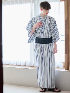 画像4: 【即日発送】【メンズ浴衣】白地にスタイリッシュなストライプ紳士浴衣【浴衣・帯・下駄セット】【YMT】 (4)