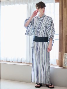 画像7: 【即日発送】【メンズ浴衣】白地にスタイリッシュなストライプ紳士浴衣【浴衣・帯・下駄セット】【YMT】 (7)