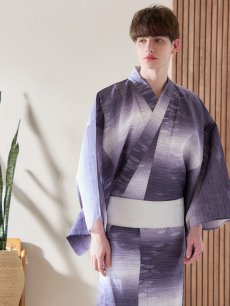 画像1: 【即日発送】【メンズ浴衣】濃淡紫地にボーダーデザインの紳士浴衣【浴衣・帯・下駄セット】[FB03] (1)
