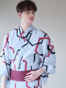 画像8: 【即日発送】【メンズ浴衣】白地に幾何学模様の紳士浴衣【浴衣・帯・下駄セット】 [YMT] (8)