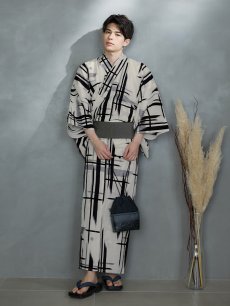 画像1: 【即日発送】【メンズ浴衣】ストライプ地モダン浴衣【浴衣・帯・下駄セット】 [YMT] (1)