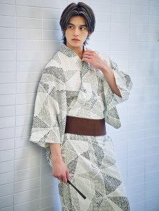 画像1: 【即日発送】【メンズ浴衣】カーキグリーン幾何学的模様浴衣 [YMT] (1)