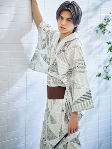 画像2: 【即日発送】【メンズ浴衣】カーキグリーン幾何学的模様浴衣 [YMT] (2)