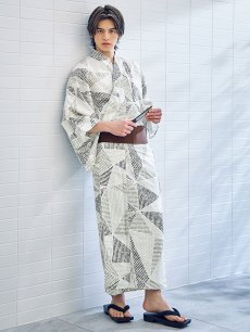 画像3: 【即日発送】【メンズ浴衣】カーキグリーン幾何学的模様浴衣 [YMT] (3)