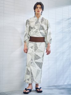 画像4: 【即日発送】【メンズ浴衣】カーキグリーン幾何学的模様浴衣 [YMT] (4)