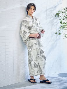 画像9: 【即日発送】【メンズ浴衣】カーキグリーン幾何学的模様浴衣 [YMT] (9)