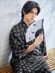 画像1: 【即日発送】【メンズ浴衣】ブラック矢羽線画紳士浴衣 [YMT] (1)