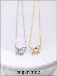画像1: 【ネックレス】リボンモチーフワンビジューネックレス【2カラー】[OF02] (1)