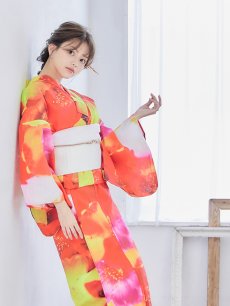 画像10: 【即日発送】【浴衣セール】【オリジナル浴衣】リアルフラワー橙色派手カワ浴衣セット【浴衣３点セット 浴衣/帯/下駄】[YMT] (10)