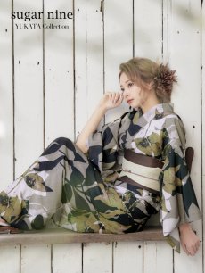 画像3: 【即日発送】【オリジナル浴衣】ヘルシーリーフ柄浴衣 【浴衣3点セット 浴衣/帯/下駄】 [YMT] (3)