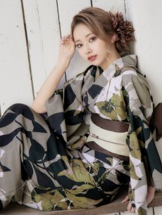 画像9: 【即日発送】【オリジナル浴衣】ヘルシーリーフ柄浴衣 【浴衣3点セット 浴衣/帯/下駄】 [YMT] (9)