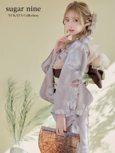 画像1: 【即日発送】【浴衣】ホワイトフラワーブラウン浴衣【浴衣３点セット 浴衣/帯/下駄】 [YMT] (1)