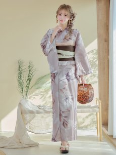 画像4: 【即日発送】【浴衣】ホワイトフラワーブラウン浴衣【浴衣３点セット 浴衣/帯/下駄】 [YMT] (4)