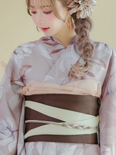 画像5: 【即日発送】【浴衣】ホワイトフラワーブラウン浴衣【浴衣３点セット 浴衣/帯/下駄】 [YMT] (5)