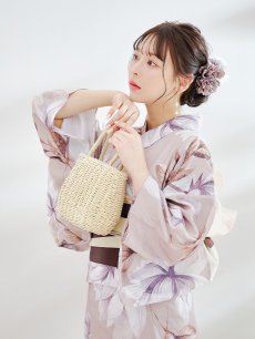 画像14: 【即日発送】【浴衣】ホワイトフラワーブラウン浴衣 【浴衣３点セット 浴衣/帯/下駄】 [YMT] (14)