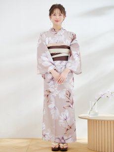画像4: 【即日発送】【浴衣】ホワイトフラワーブラウン浴衣 【浴衣３点セット 浴衣/帯/下駄】 [YMT] (4)