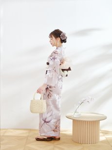 画像8: 【即日発送】【浴衣】ホワイトフラワーブラウン浴衣 【浴衣３点セット 浴衣/帯/下駄】 [YMT] (8)
