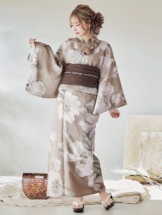 画像3: 【即日発送】【浴衣】ベージュ地にアネモネの大人花浴衣 【浴衣3点セット 浴衣/帯/下駄】 [YMT] (3)