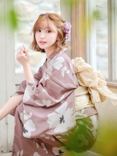 画像13: 【浴衣セール！】【即日発送】 ブラウン地xシルエットフラワー 牡丹柄【浴衣３点セット 浴衣/帯/下駄】 [YMT] (13)