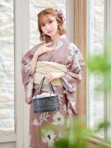 画像9: 【浴衣セール！】【即日発送】 ブラウン地xシルエットフラワー 牡丹柄【浴衣３点セット 浴衣/帯/下駄】 [YMT] (9)