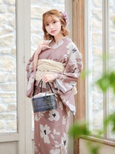 画像14: 【浴衣セール！】【即日発送】 ブラウン地xシルエットフラワー 牡丹柄【浴衣３点セット 浴衣/帯/下駄】 [YMT] (14)