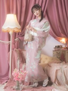 画像9: 【浴衣セール！】【即日発送】【浴衣】大人スウィート/ピンク地フラワー浴衣 【浴衣3点セット 浴衣/帯/下駄】 [YMT] (9)