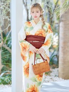 画像10: 【即日発送】【浴衣】アイボリー×ひまわりストライプ柄浴衣 向日葵【浴衣３点セット 浴衣/帯/下駄】 [FB02] (10)