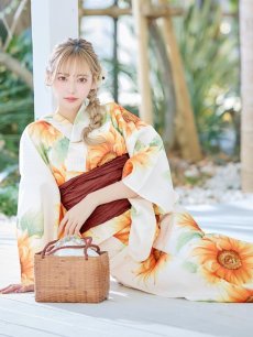 画像11: 【即日発送】【浴衣】アイボリー×ひまわりストライプ柄浴衣 向日葵【浴衣３点セット 浴衣/帯/下駄】 [FB02] (11)