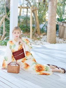 画像12: 【即日発送】【浴衣】アイボリー×ひまわりストライプ柄浴衣 向日葵【浴衣３点セット 浴衣/帯/下駄】 [FB02] (12)
