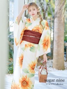 画像2: 【即日発送】【浴衣】アイボリー×ひまわりストライプ柄浴衣 向日葵【浴衣３点セット 浴衣/帯/下駄】 [FB02] (2)