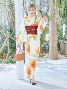 画像4: 【即日発送】【浴衣】アイボリー×ひまわりストライプ柄浴衣 向日葵【浴衣３点セット 浴衣/帯/下駄】 [FB02] (4)