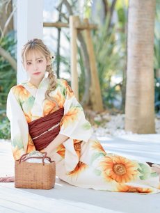 画像9: 【即日発送】【浴衣】アイボリー×ひまわりストライプ柄浴衣 向日葵【浴衣３点セット 浴衣/帯/下駄】 [FB02] (9)