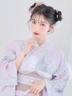 画像14: 【即日発送！】Riuコラボ ライトピンクx百合リボン浴衣 しわラメ帯 [YMT] (14)