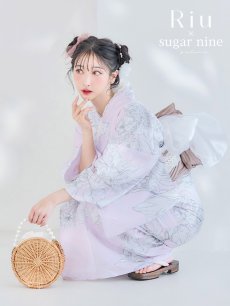 画像2: 【即日発送！】Riuコラボ ライトピンクx百合リボン浴衣 しわラメ帯 [YMT] (2)