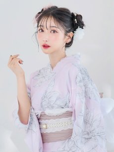 画像5: 【即日発送！】Riuコラボ ライトピンクx百合リボン浴衣 しわラメ帯 [YMT] (5)